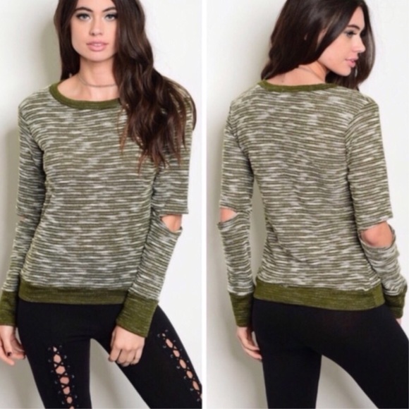 Sweaters - Olive Slit Elbow Knit Sweater Sweaters - Olive Slit Elbow Knit Sweater